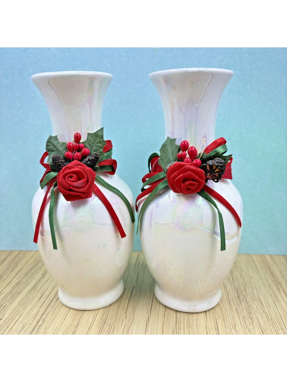 Lot Of 2 Vintage 1987 Enesco Vase Poinsettia 6.5" White Iridescent